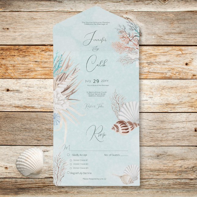 Snäckor i det moderna Aqua Oceanen Bröllop (Modern Aqua Ocean Shells Dinner Wedding All In One Invitation)