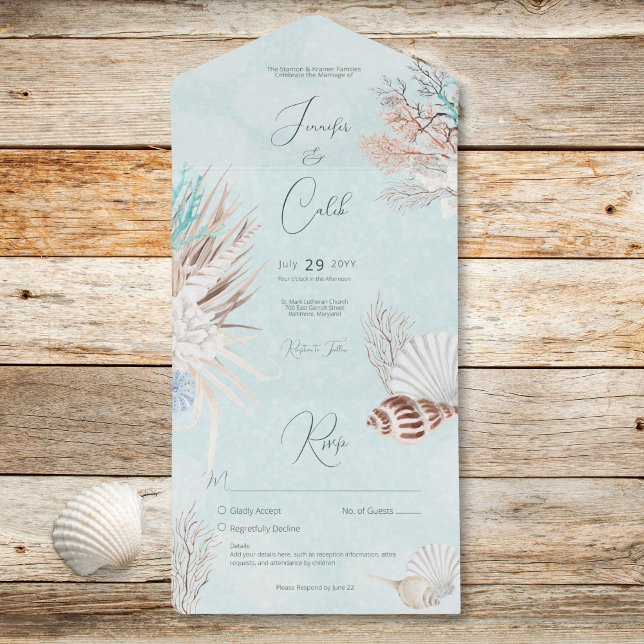 Snäckor i det moderna havsområdet - ingen middag B (Modern Aqua Ocean Shells No Dinner Wedding All In One Invitation)