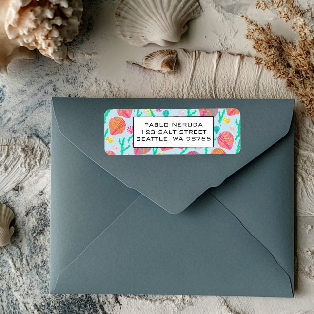 Snäckor och Sjögräs Beach-ANPASSNINGSBARNA i Adres Returadress Etikett (Shells & Seaweed Beach Colorful Cute CUSTOM Mailing Return Address Label
)