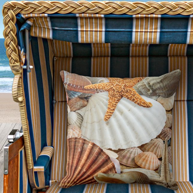 Snäckor Pillow Kudde (A modern design beach house pillow featuring shells and starfish)