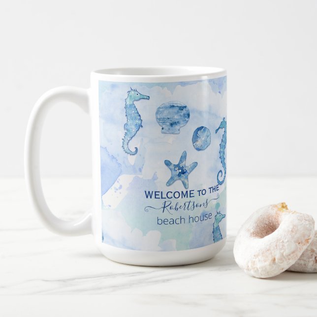 Snäckorna Beach Seahorse Starfish Välkomstfamilj Kaffemugg (Med munk)