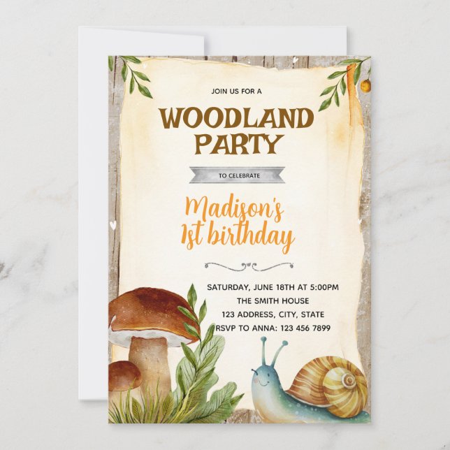 Snail and mushroom party invitation inbjudningar (Framsida)