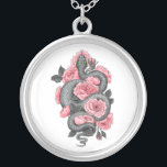 Snake and peach ro silverpläterat halsband<br><div class="desc">Handritad illustration av en orm och ro</div>