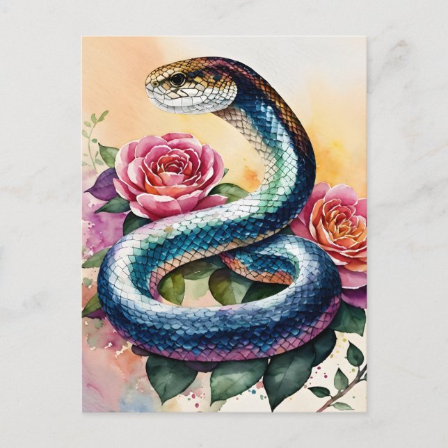 Snake Art Blommigt Watercolor Vykort (Framsida)