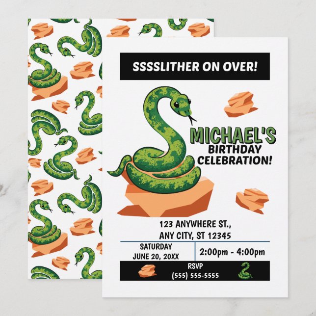 Snake Birthday Party Invitation Inbjudningar (Fram/baksida)