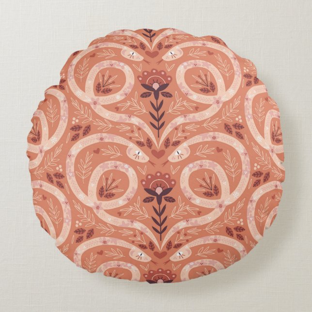 Snake-Blommigt: Symmetrisk Vintage Rund Kudde (Framsidan)