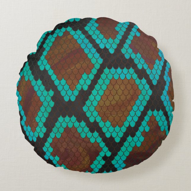 Snake Brown och Teal Print Rund Kudde (Framsidan)