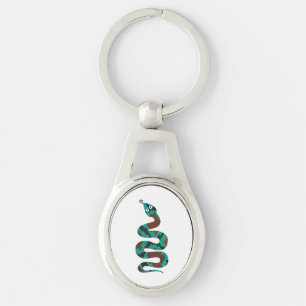 Snake Brown och Teal Print Silhouette Ovalt Silverfärgad Nyckelring