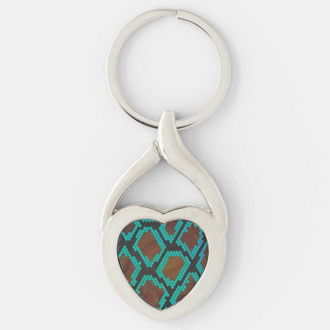 Snake Brown och Teal Print Twisted Heart Silverfärgad Nyckelring (Framsidan)
