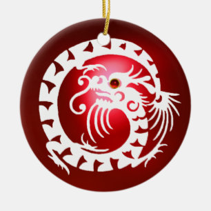 SNAKE DRAGON Black and White Red Ruby Julgransprydnad Keramik