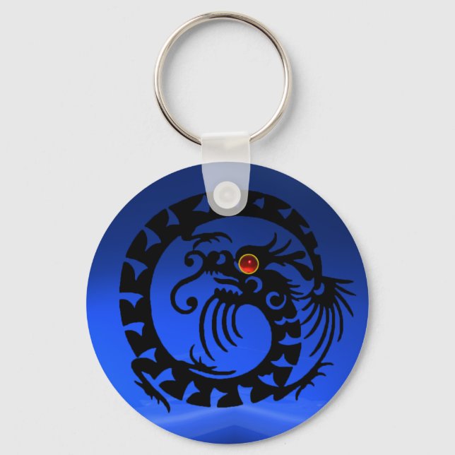 SNAKE DRAGON,svart,röd ruby,blå safir Nyckelring (Framsida)