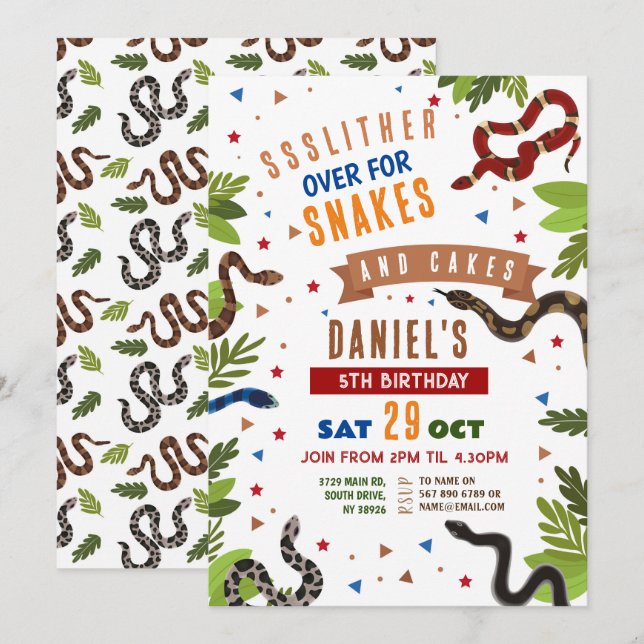 Snake Födelsedagsfest Reptiles Jungle Slither Inbjudningar (Fram/baksida)