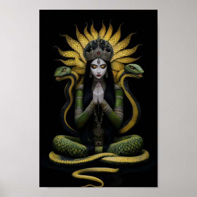 Snake Goddess Naga Kanya Queen Black Gult Art Poster (Framsidan)