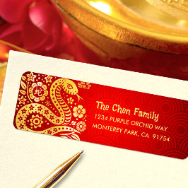 Snake Gold Foil Red Chinese Lunar, nyår 2025 Returadress Etikett