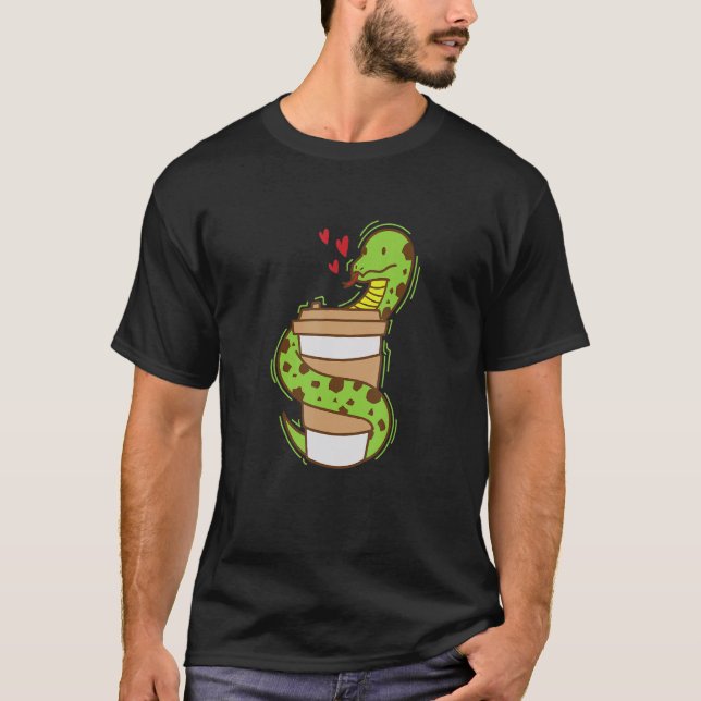 Snake loves Coffee Reptile Animal Zoo T Shirt (Framsida)