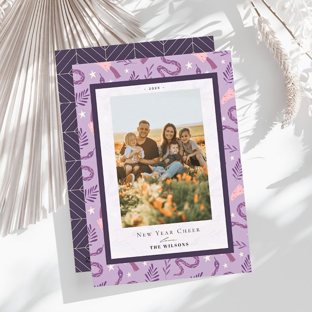 Snake & Mushroom Lila 2 Photo Kinesiska nyår Julkort (Skapare uppladdad)