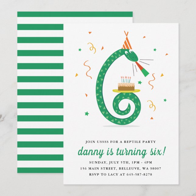 Snake och tårta Födelsedagsfest inbjudan_Vanilla Inbjudningar (Fram/baksida)