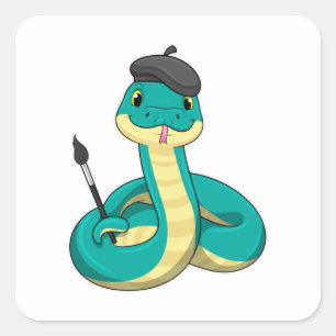 Snake som Painter med målarpensel Fyrkantigt Klistermärke