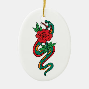 Snake Wrapped runt en Tattoo Art-konst i Röd ros Julgransprydnad Keramik