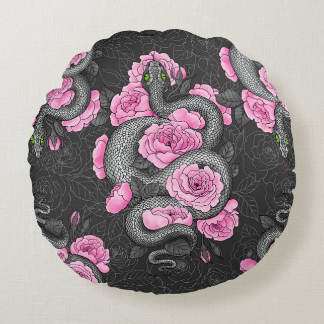 Snakes och rosa ros rund kudde (Framsidan)