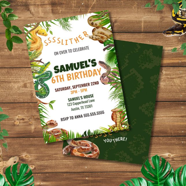 SNAKES-temaFödelsedagsfest Inbjudningar (Snake Birthday Invitation for Kids | Reptile Party Printable | Editable Jungle Theme Invite)