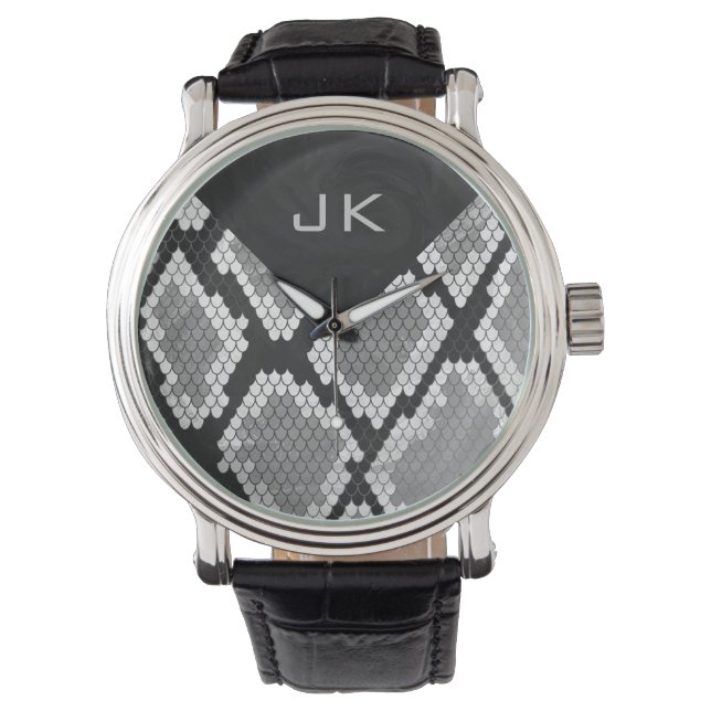 Snakeskin Grått, vit och svart monogrammad Armbandsur (Framsida)