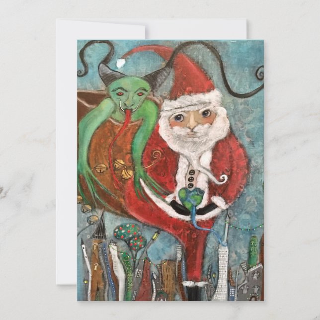 Snäll eller elak Santa och Krampus konst julkort (Framsida)