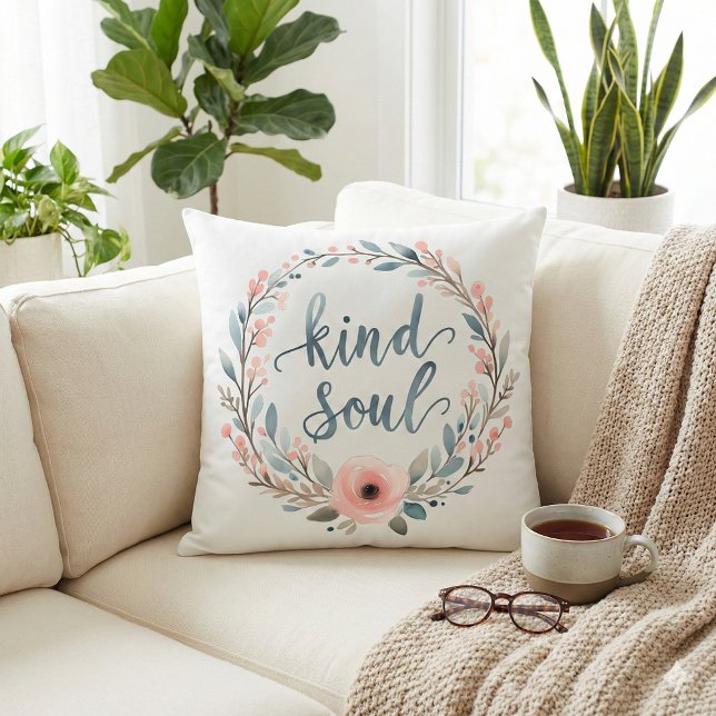 Snäll Själ Blommig Krans Vattenfärg Citat Kudde (Kind Soul Floral Wreath Watercolor Quote Throw Pillow Mockup A)