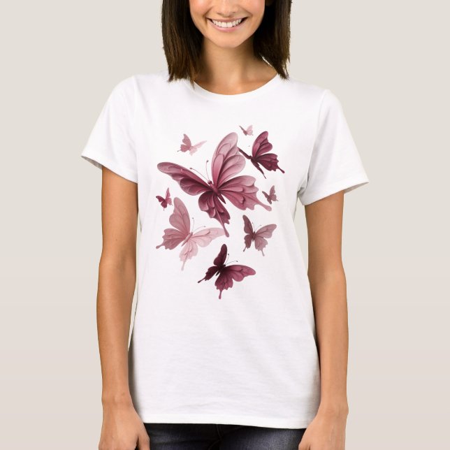 Snälla Rosa FJÄRILAR Konst på kläder T Shirt (Framsida)