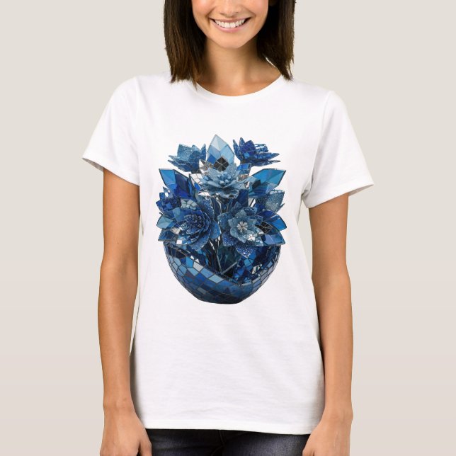 Snälla Silver BLÅ GLASBLOMMOR Djärv Design T Shirt (Framsida)