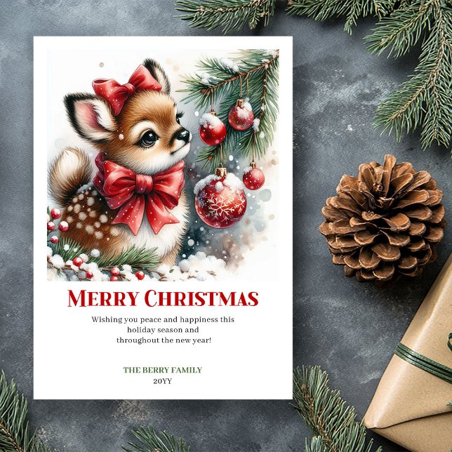 Snällt litet hjort vattenfärg skog julkort (Snowy Cute Fawn Watercolor Forest Christmas Card)