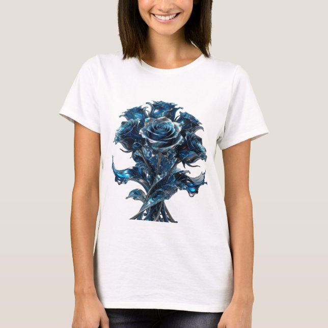 Snällt Silverfärgad BLÅ ROSOR Grafisk T-shirt (Framsida)