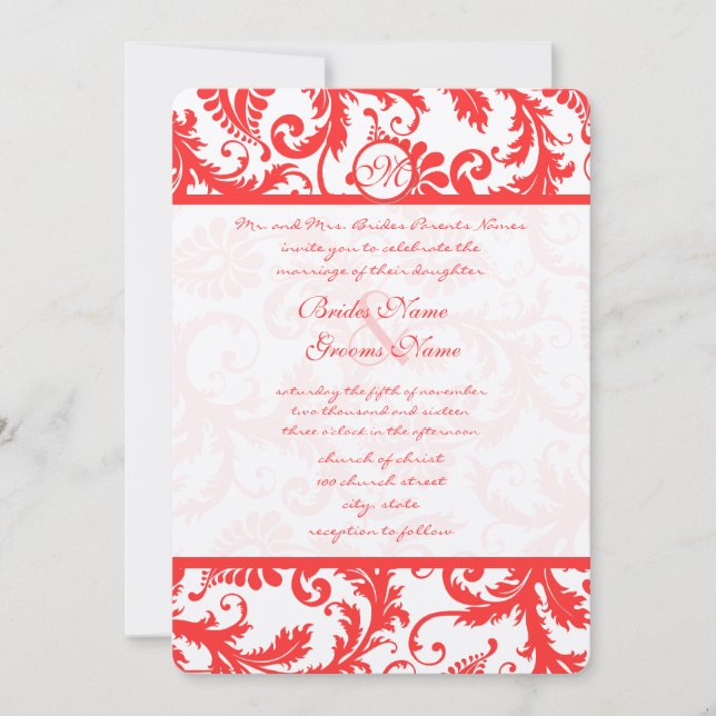 Snap Dragon Coral Damask-bröllopsinbjudan Inbjudningar (Framsida)