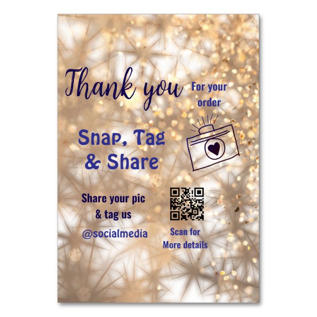 Snap märkre  social media q r code glitter guld bordsnummer (Framsidan)