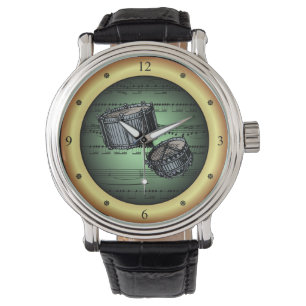 Snare Drums ~ Lakan Music ~ Grönt/Guld-bakgrund Armbandsur
