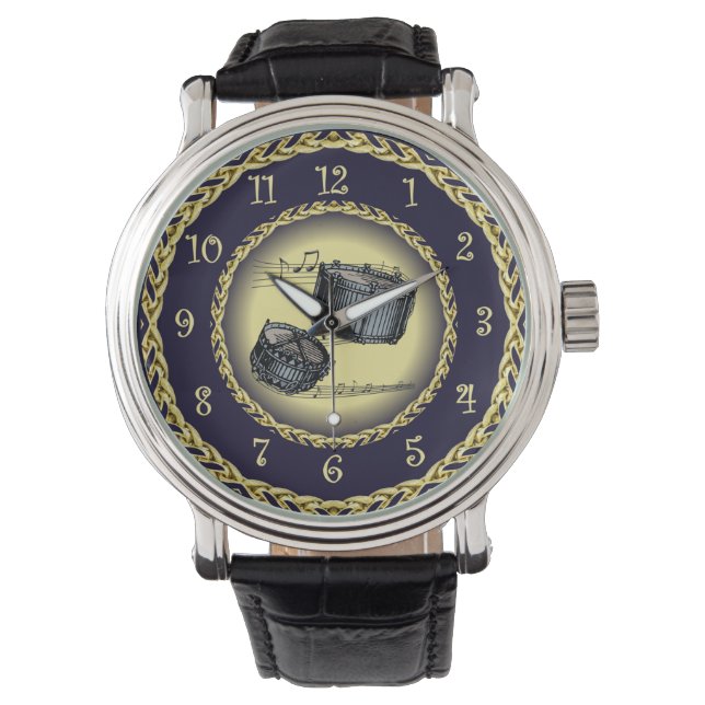 Snare Drums ~ Musical Rulla ~ Guld/Navy Blue ~ Armbandsur (Framsida)