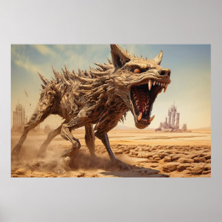 Snarling coyote på ett ödsligt landskap poster