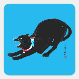 Snarling, svart japansk katt fyrkantigt klistermärke