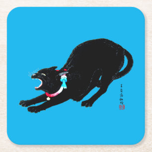 Snarling, svart japansk katt underlägg papper kvadrat
