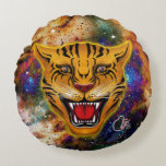 Snarling Tiger Nebula  Rund Kudde<br><div class="desc">This fierce visage of a Snarling Tiger is superimposed on a deep space nebula. It is an image symbolizing great power and determination. Wherever you place this Snarling Tiger Nebula Pillow in your decor, it will create a focal point of energy and pride because it represents your proud spirit…Please note:...</div>