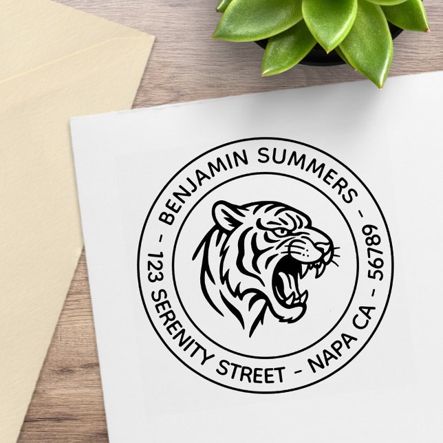 Snarling Tiger Profile Round Address Stämpel (Skapare uppladdad)