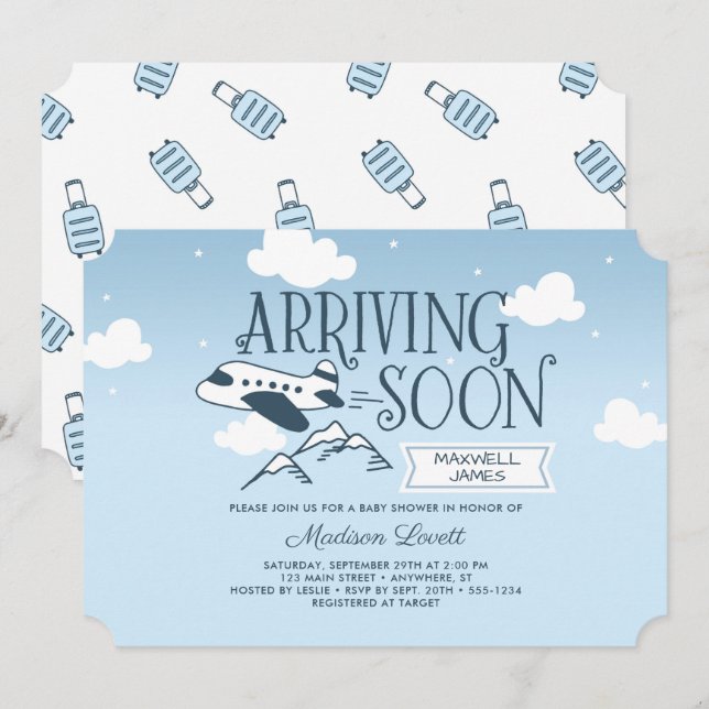 Snart: Bjud in babyskor på flygplan Inbjudningar (Fram/baksida)