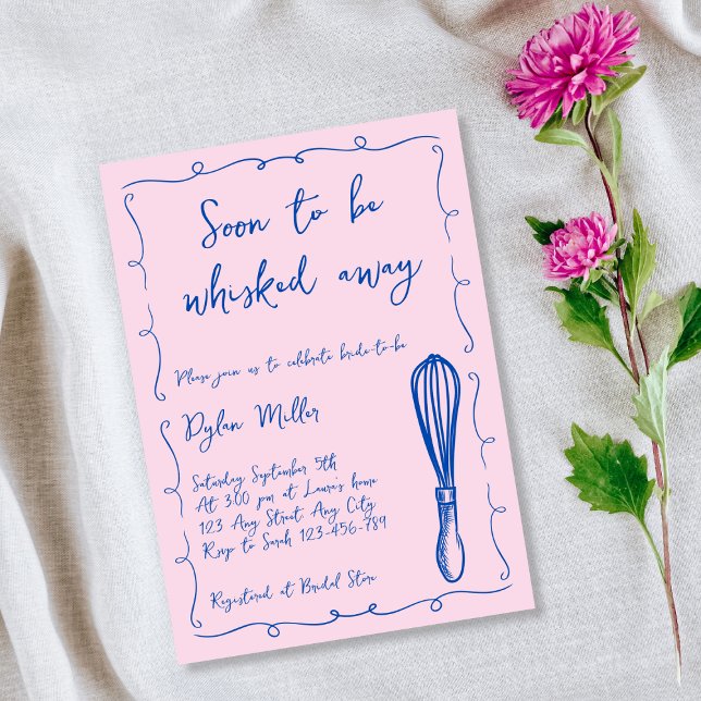 Snart för att pipa Rosa Köks-Möhippa Inbjudningar (Soon To be Whisked Away Pink Kitchen Bridal Shower Invitation)