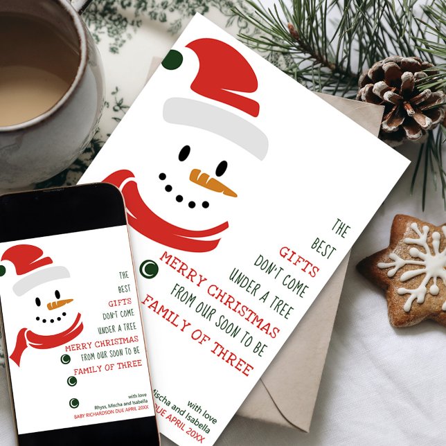 Snart för att vara familj i tre Snögubbe Gravid Julkort (Snowman Rhyme Holiday Card and Pregnancy Announcement for your soon to be family of three)