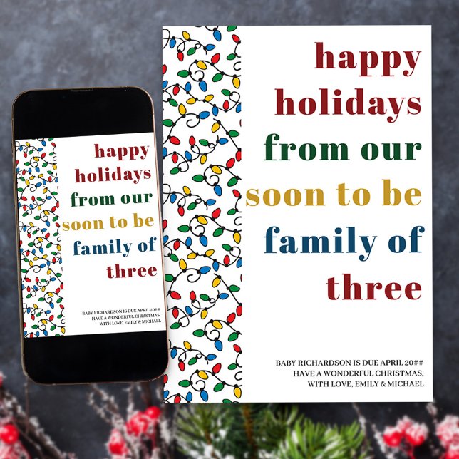 Snart kommer du att vara en familj med tre färgsta julkort (Colorful Holiday Card and Pregnancy Announcement from your soon to be family of three)