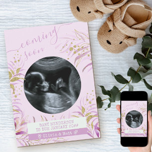 Snart kommer Ultrasound Photo Rosa Guld Foliage Meddelande