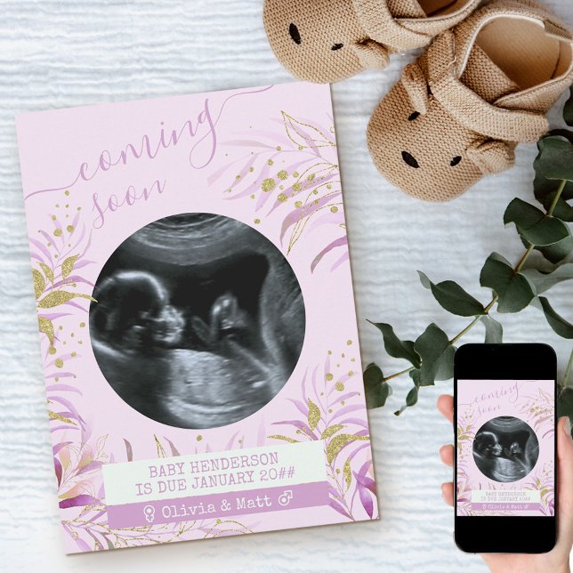 Snart kommer Ultrasound Photo Rosa Guld Foliage Meddelande (Skapare uppladdad)