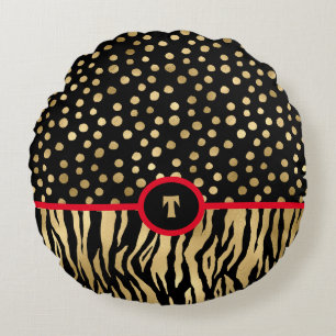 Snazzy Animal Print Inspired Black Guld och Red Rund Kudde