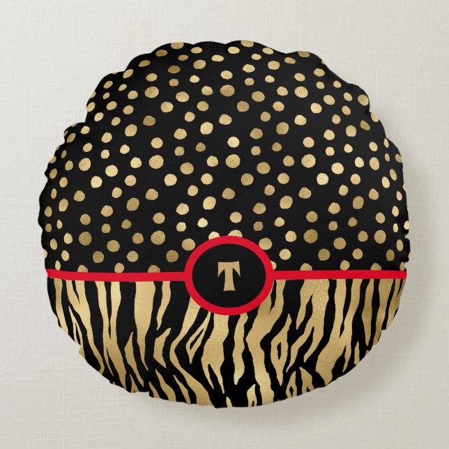Snazzy Animal Print Inspired Black Guld och Red Rund Kudde (Framsidan)