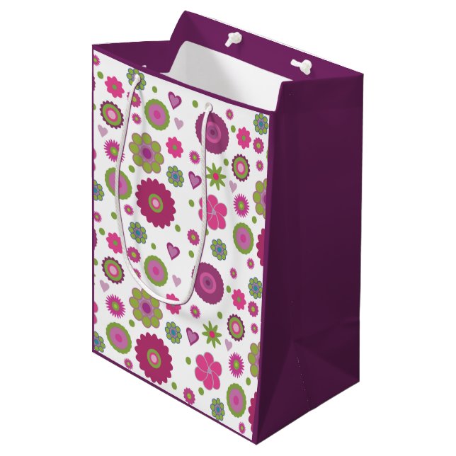 Snazzy lila och grön blommönster på vit (Framsidan Vinklad)